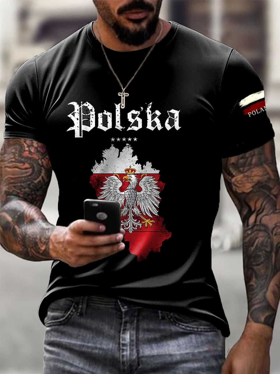 Men's T-Shirt with Vintage White Eagle Flag Print, Casual Style