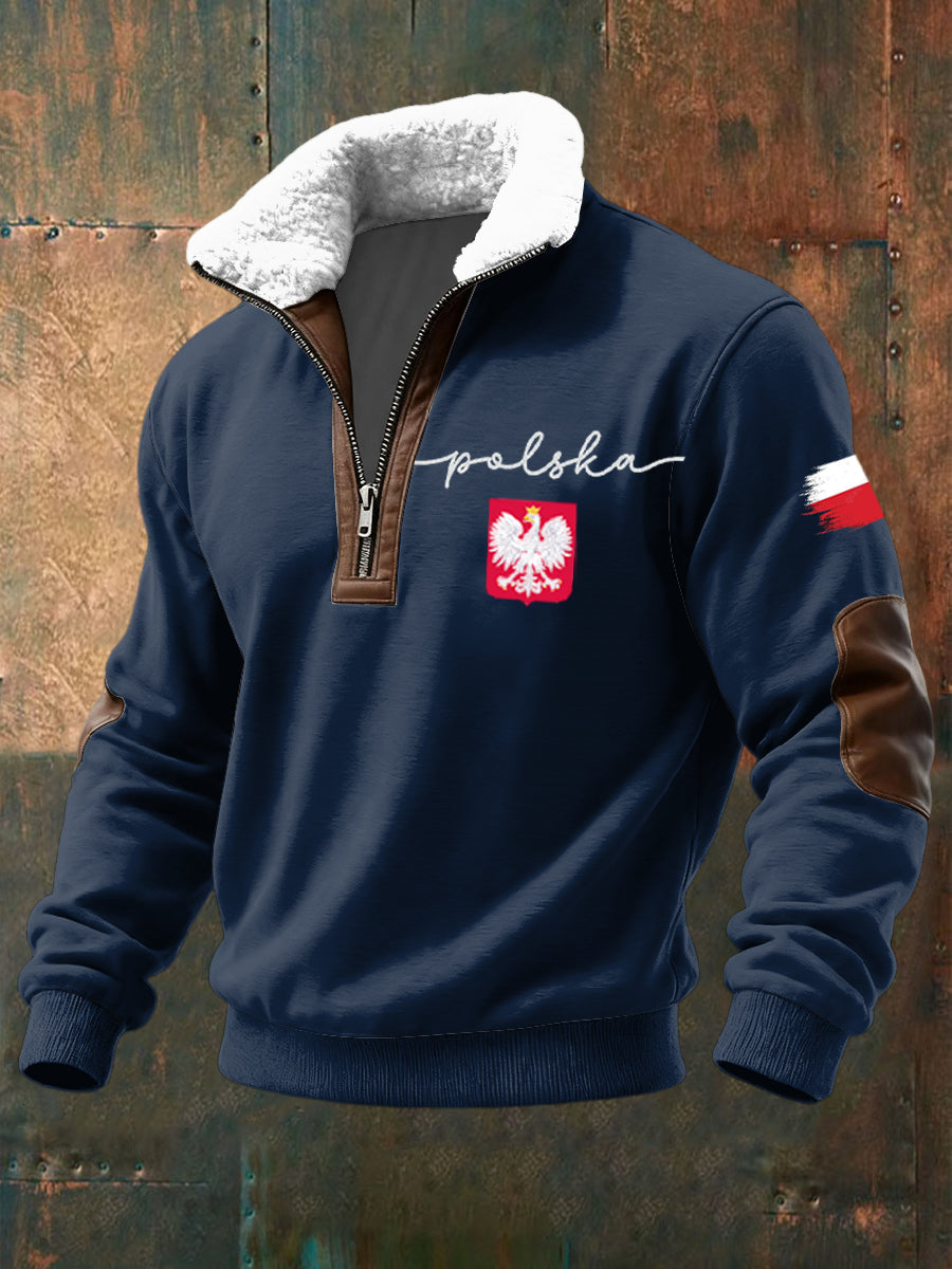 Retro polski emblemat orła lambswool patchwork pulower z zamkiem błyskawicznym