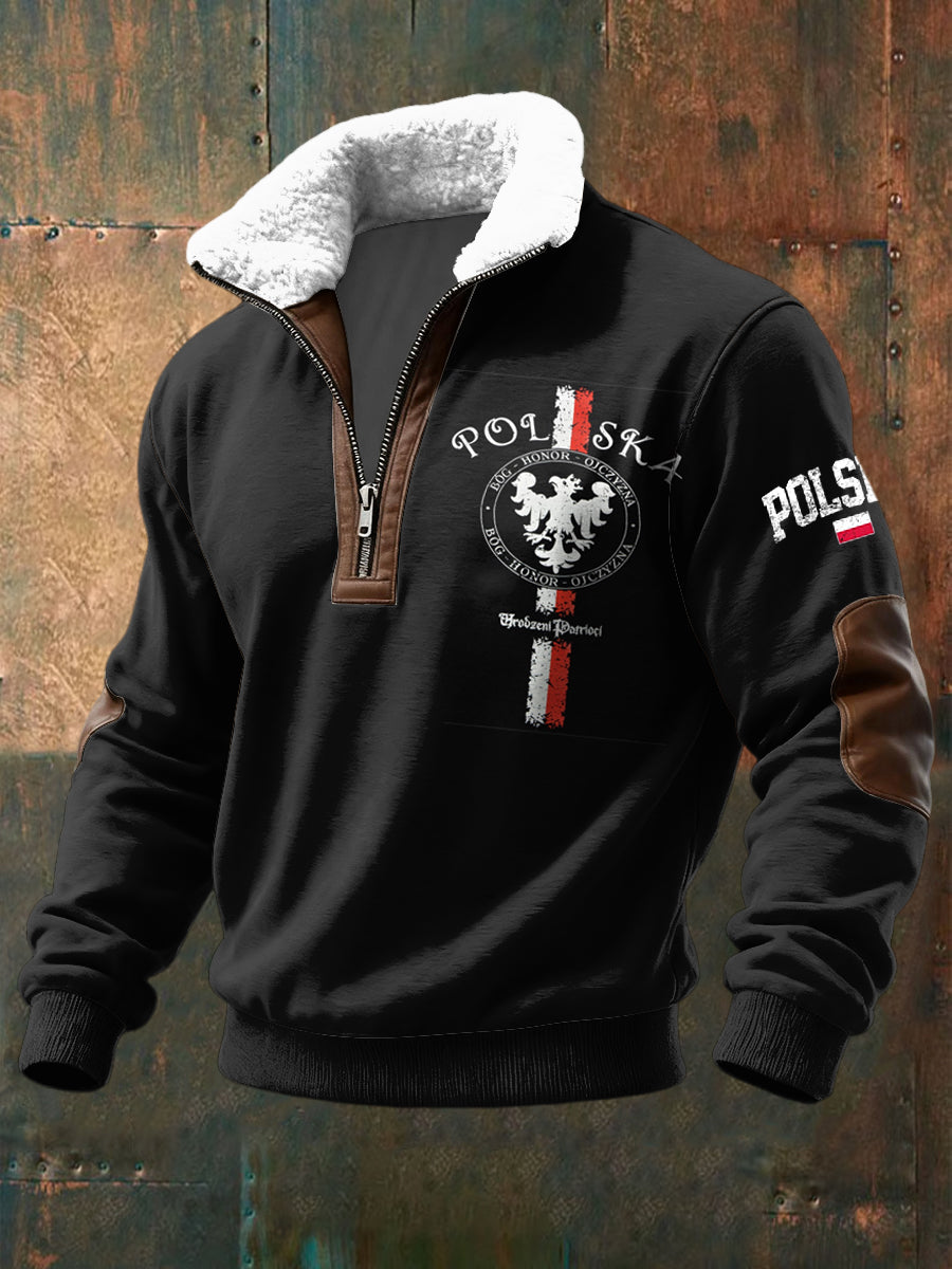 Pullover z zamkiem błyskawicznym retro z polską flagą