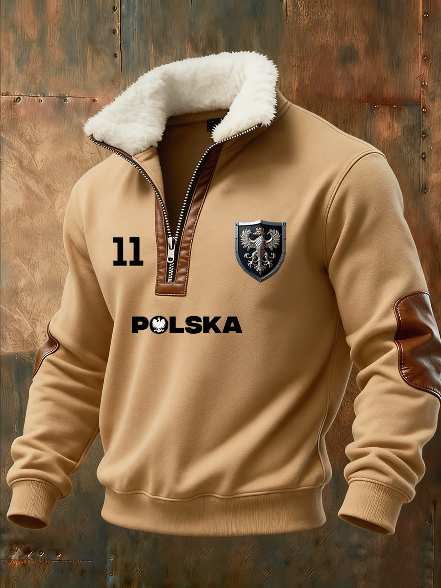Męska bluza z polarowym kołnierzem z nadrukiem w stylu vintage