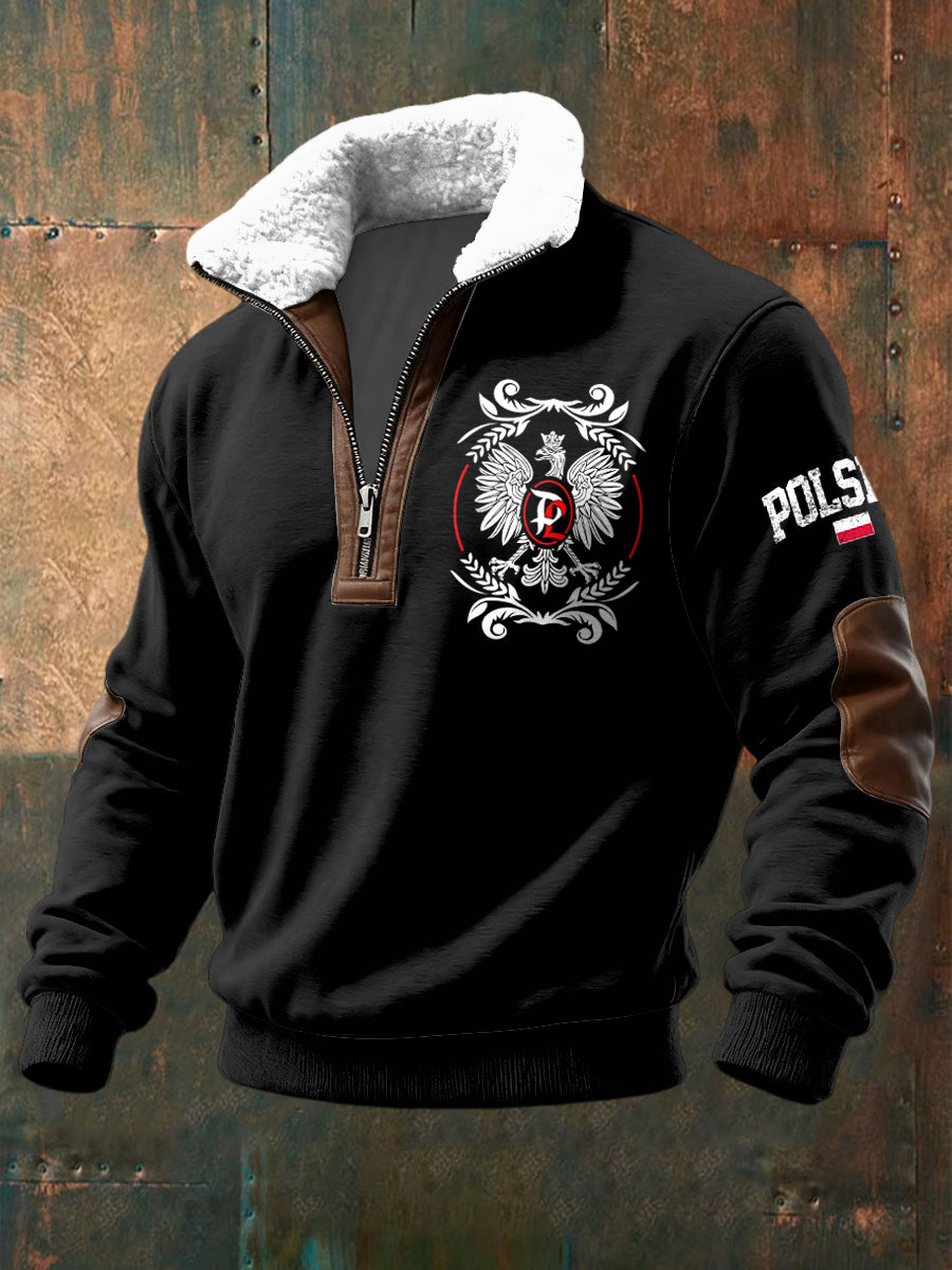 Pullover z patchworkiem błyskawicznym retro polski orzeł flaga z lambswool