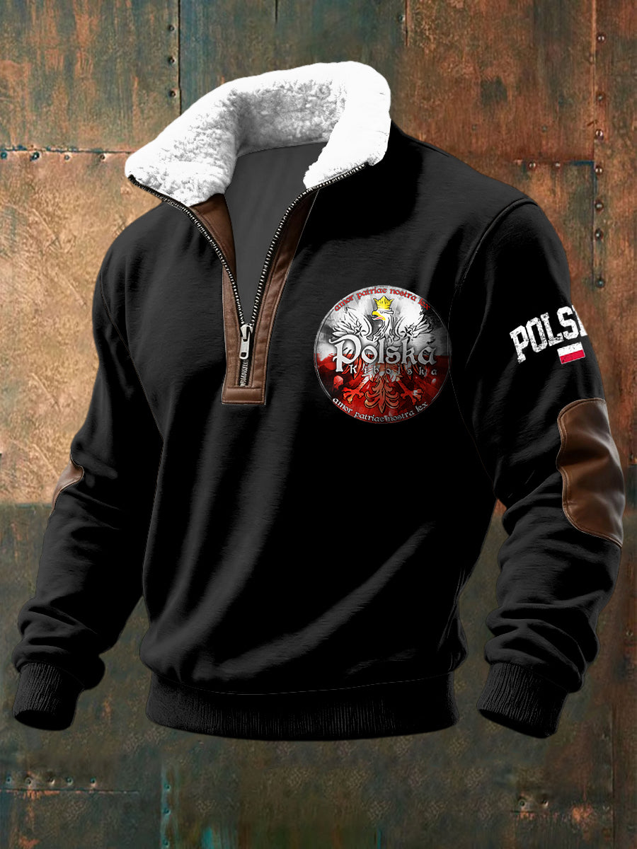 Pullover z zamkiem błyskawicznym retro polski emblemat orła z lambswool