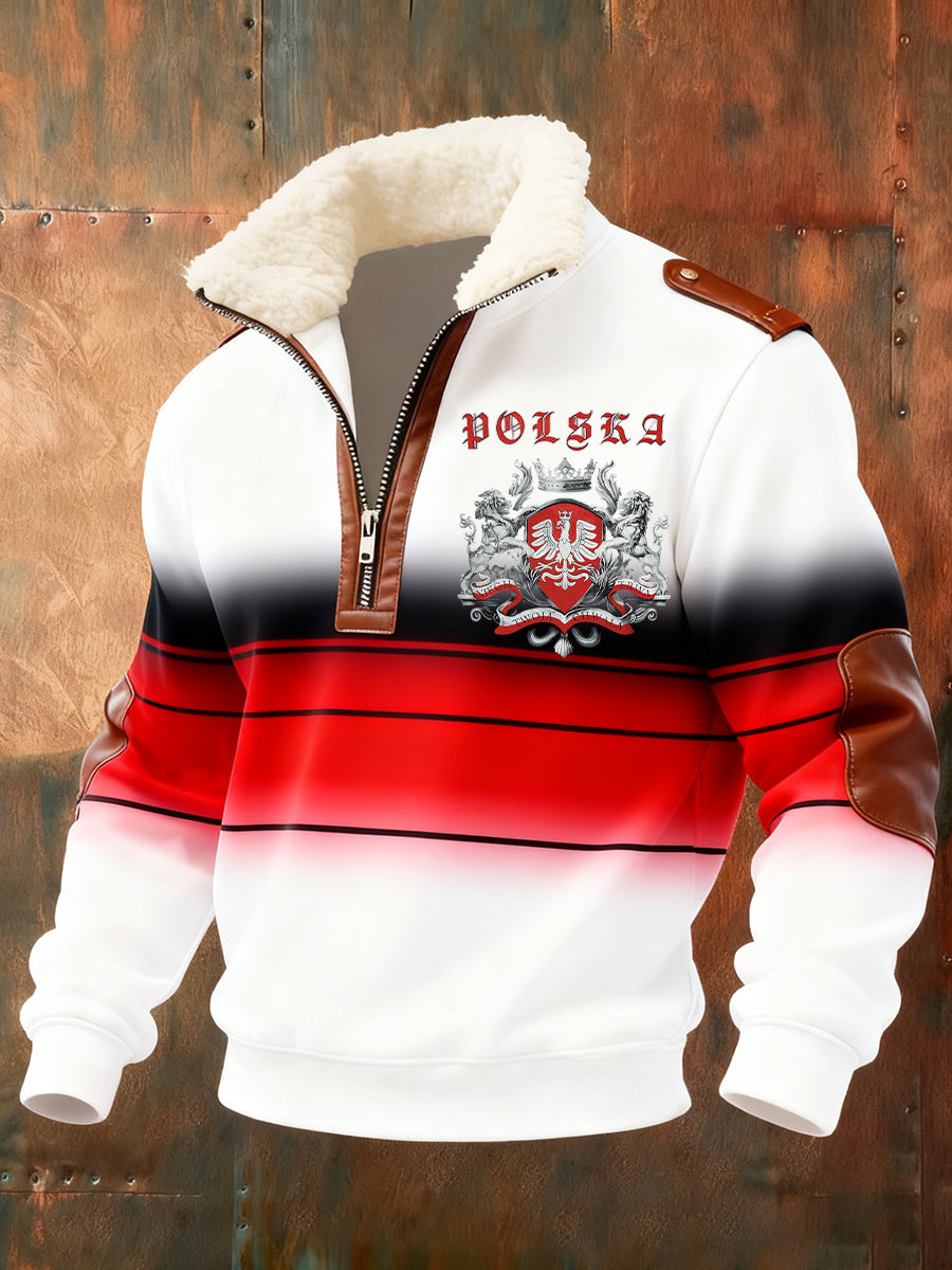 Męska polska sztuka retro casualowa gruba futrzana bluza z kołnierzem