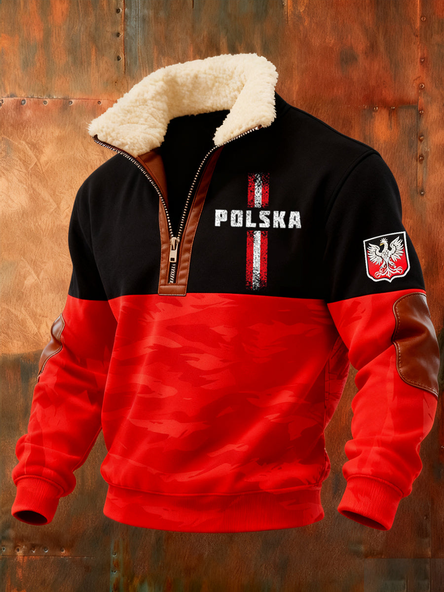 Męska polska sztuka retro casualowa gruba futrzana bluza z kołnierzem