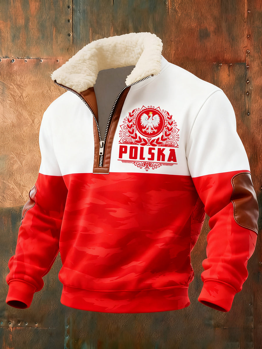 Męska polska sztuka retro casualowa gruba futrzana bluza z kołnierzem