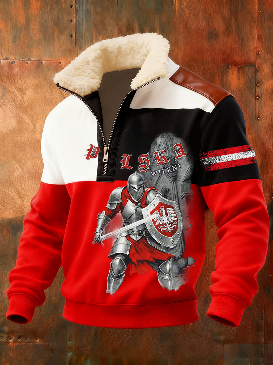 Męska polska sztuka retro casualowa gruba futrzana bluza z kołnierzem