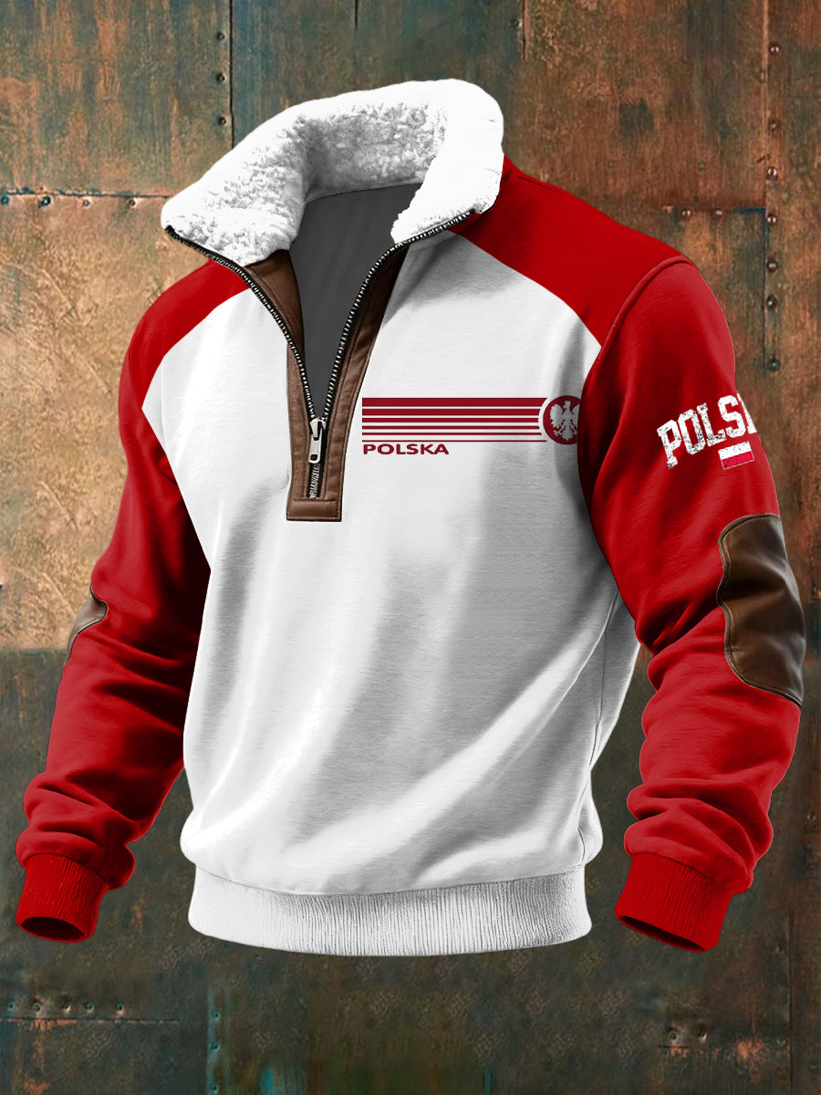 Pullover z zamkiem błyskawicznym retro z polską flagą patchwork