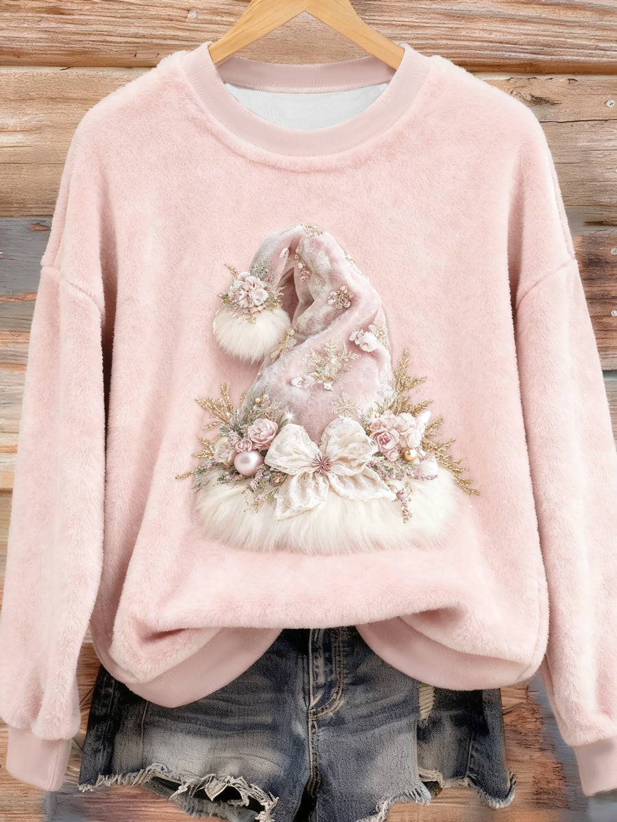 Damska różowa świąteczna czapka Santa Art Flanela z kapturem