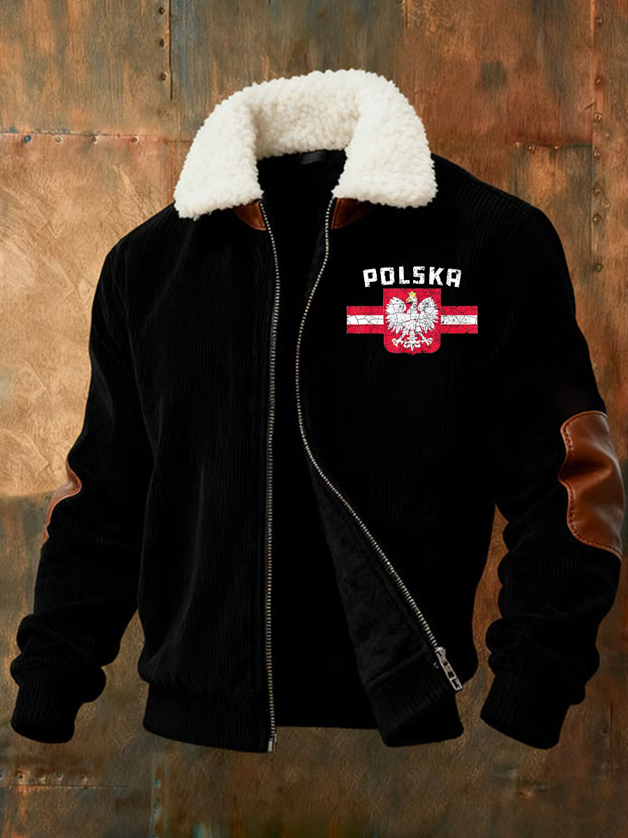 Męska kurtka z zamkiem błyskawicznym w stylu retro polska sztuka na co dzień z futrzany kołnierzykiem