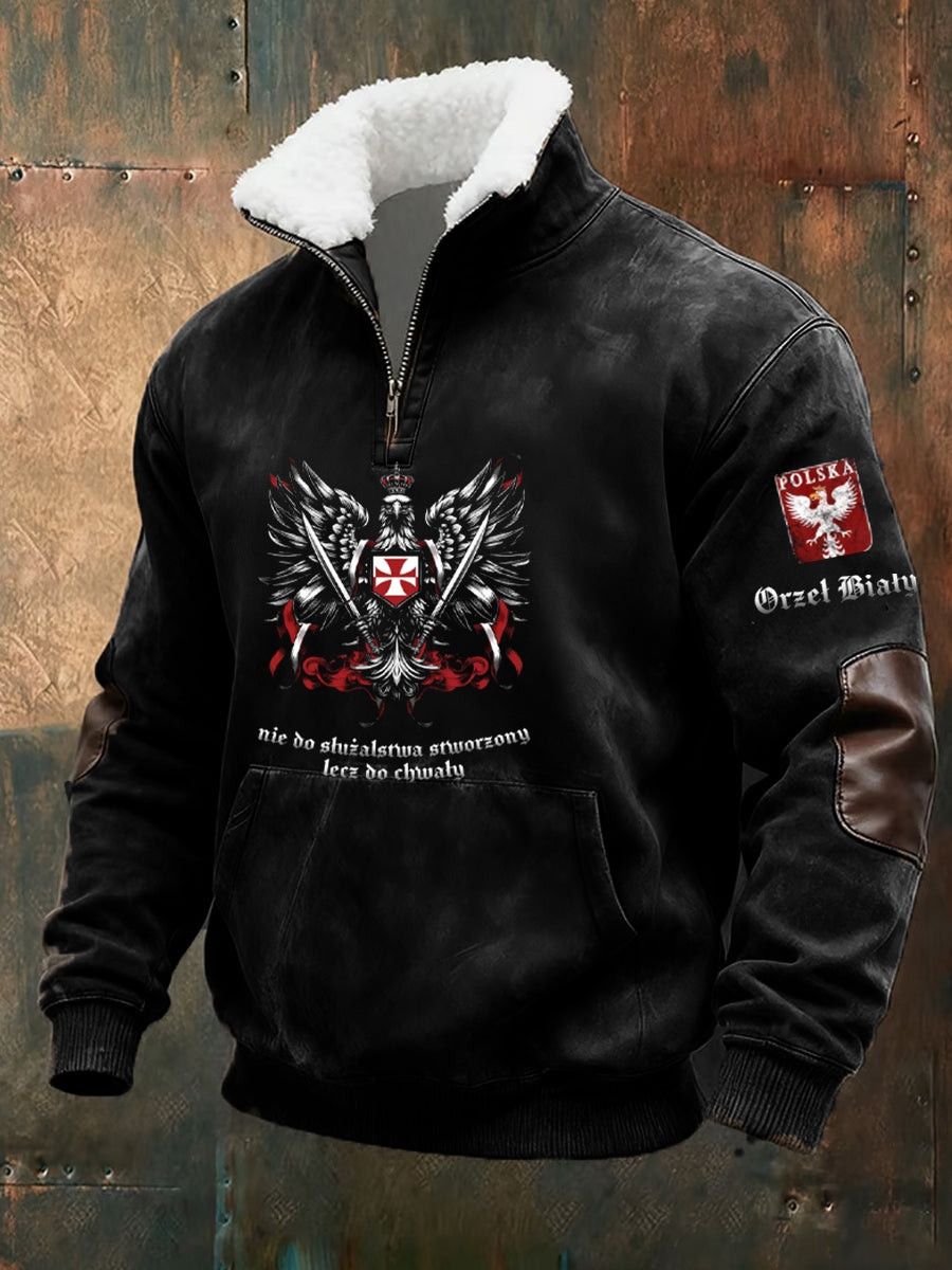 Męska polska retro sztuka casualowa futrzany kołnierzyk gruba bluza