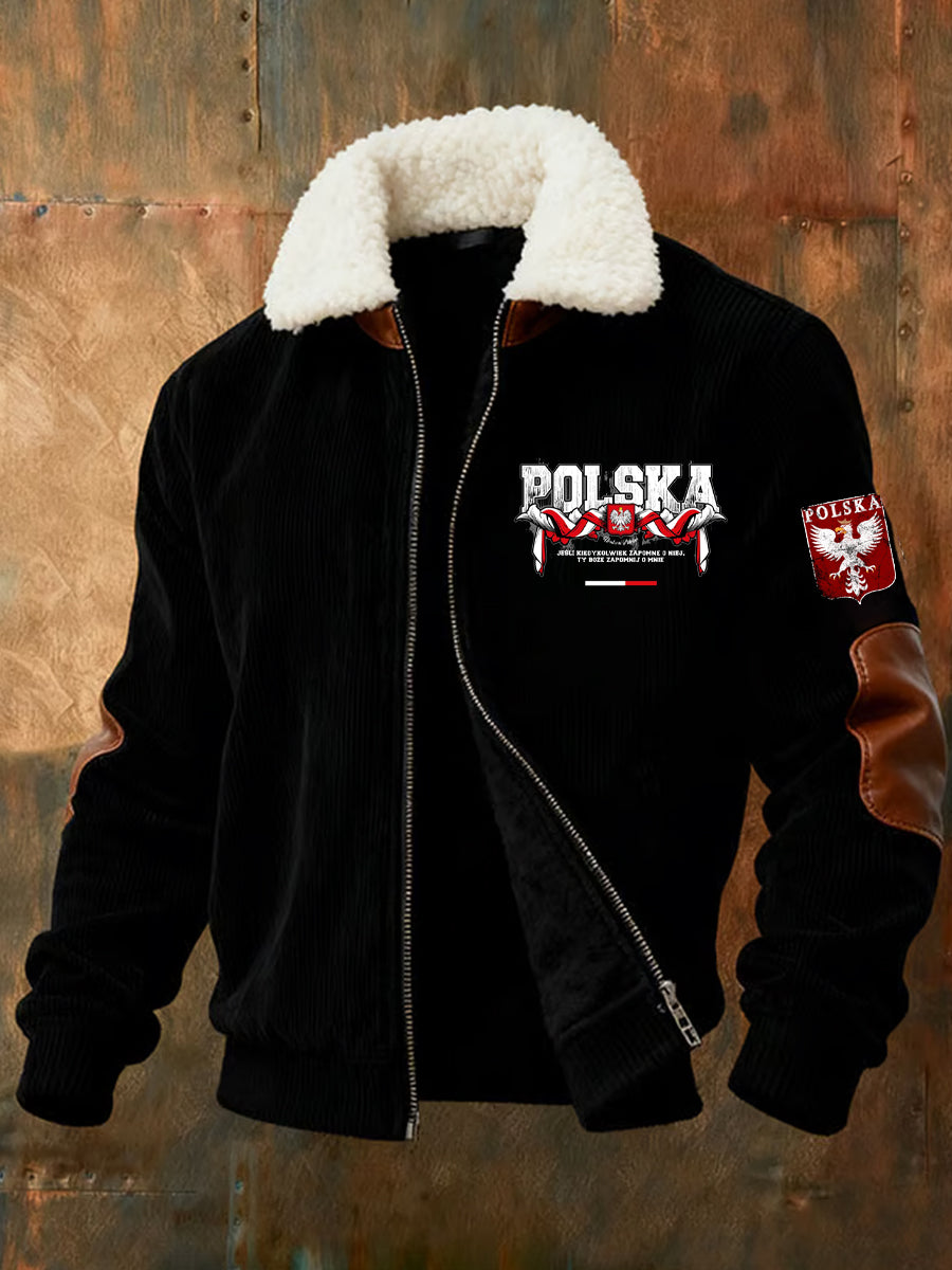 Męska kurtka z zamkiem błyskawicznym w stylu retro polska sztuka na co dzień z futrzany kołnierzykiem