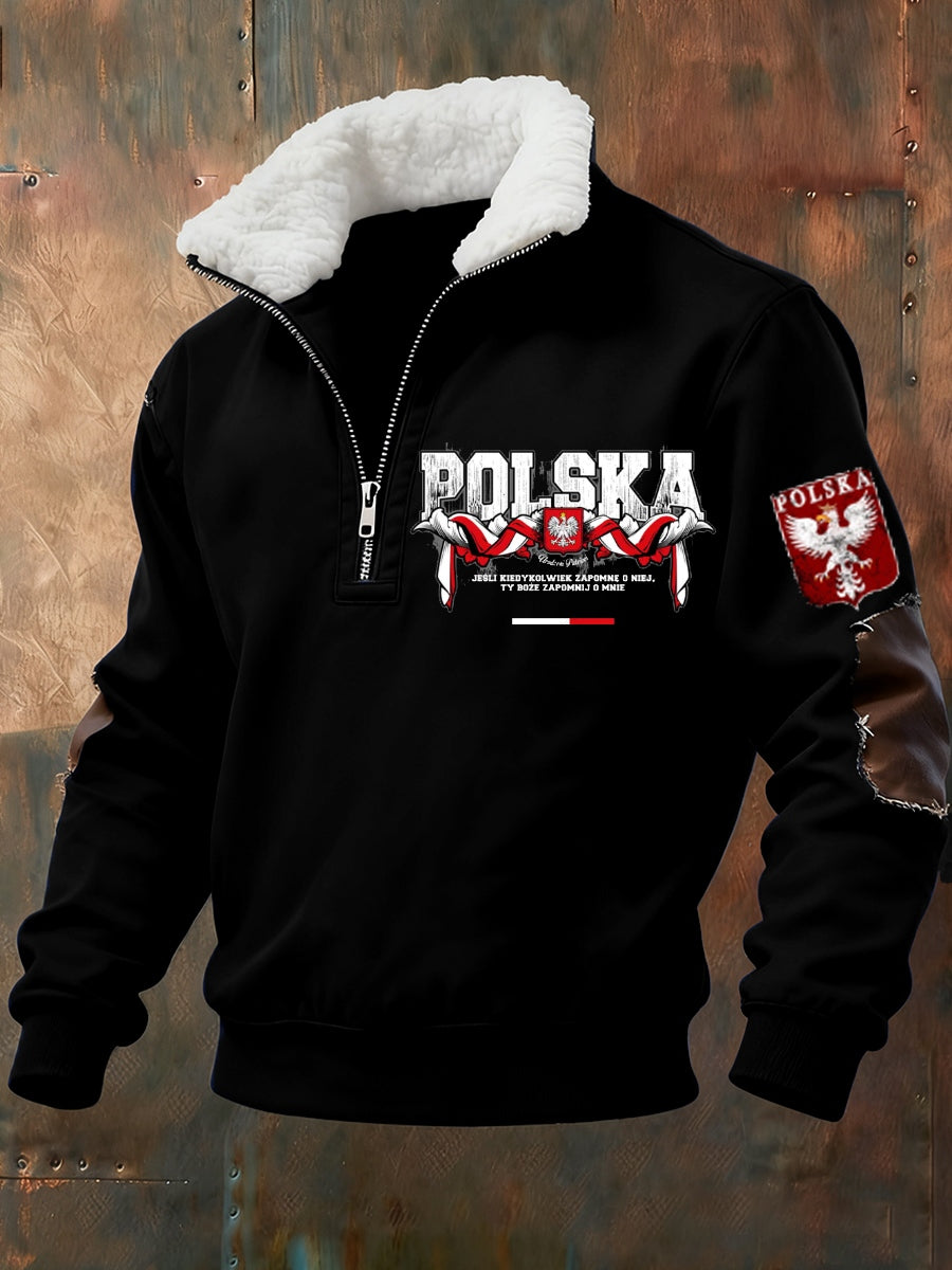 Męska polska retro sztuka casualowa futrzany kołnierzyk gruba bluza