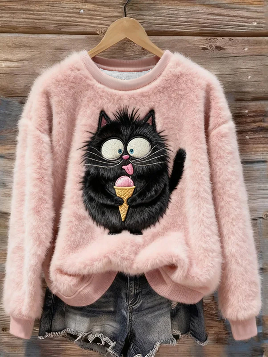 Damska zabawna flanelowa bluza z kapturem Fuzzy Fuzzy Black Cat