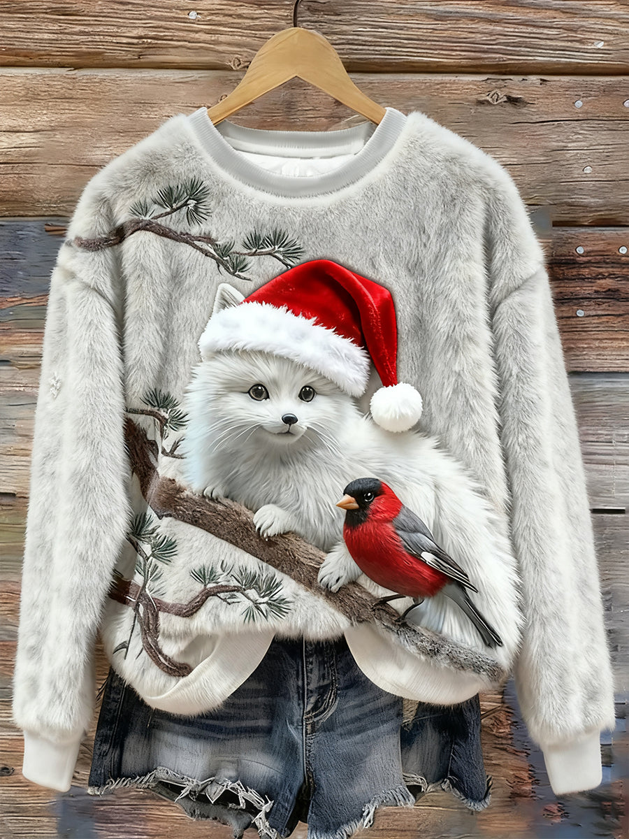 Damska bożonarodzeniowa flanelowa bluza z kapturem z motywem lisów i ptaków