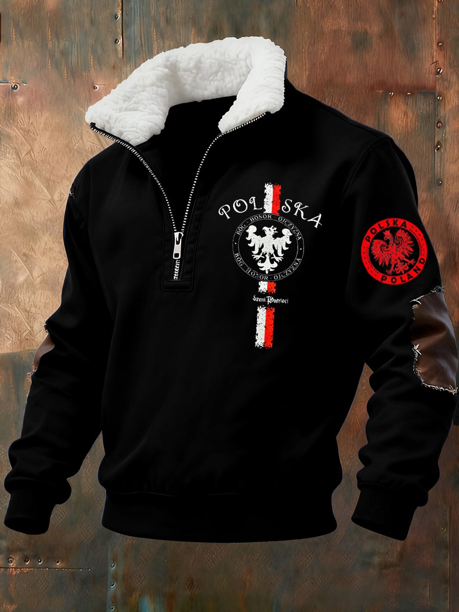 Męska polska retro sztuka casualowa futrzany kołnierzyk gruba bluza