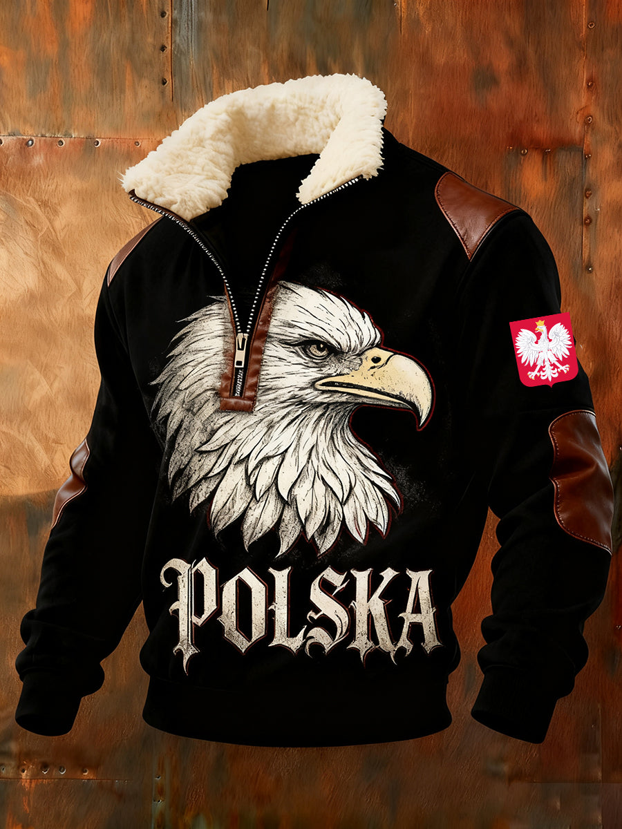 Męska bluza z polarowym kołnierzem z nadrukiem w stylu vintage