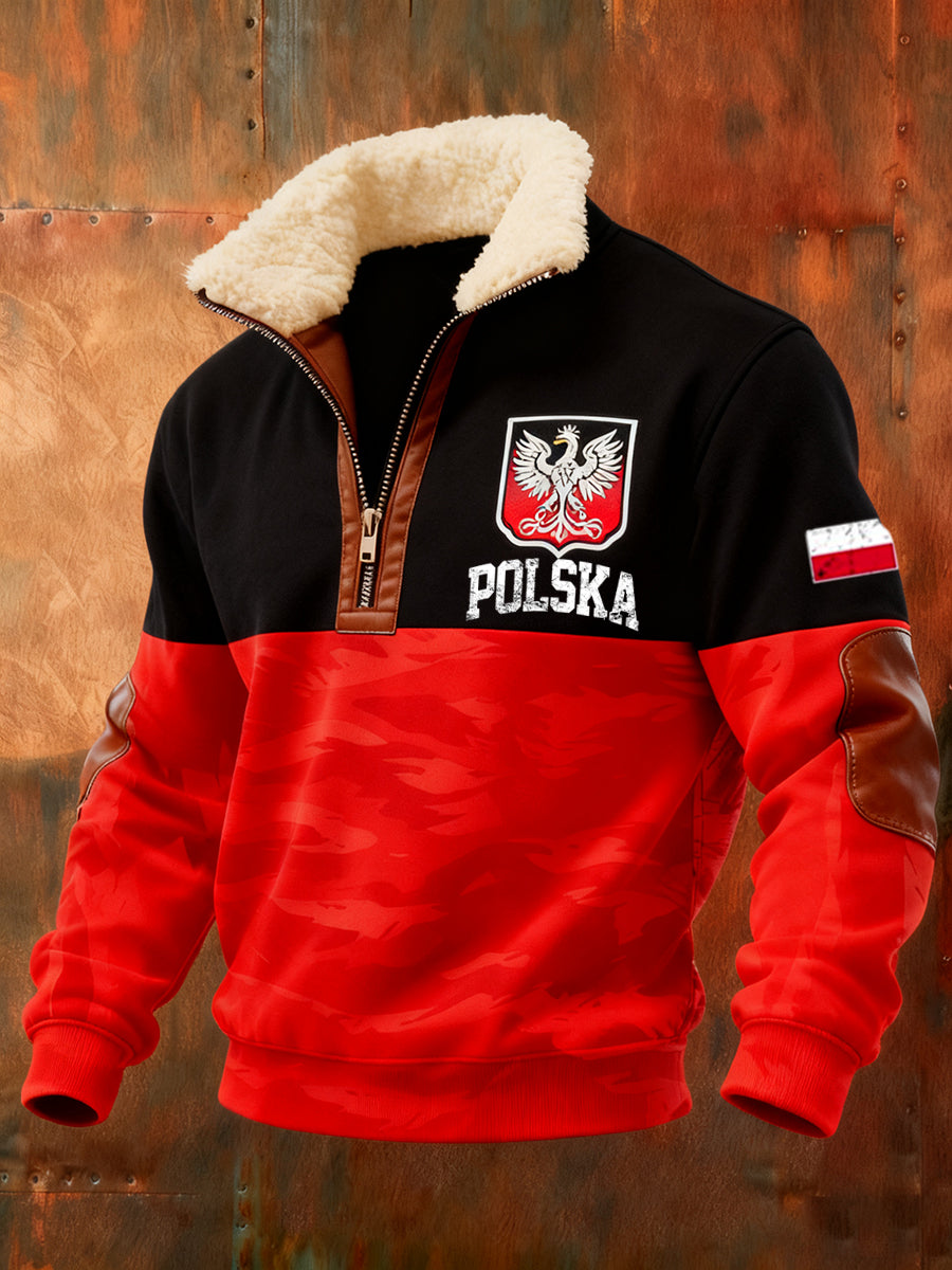 Męska bluza z polarowym kołnierzem z nadrukiem w stylu vintage