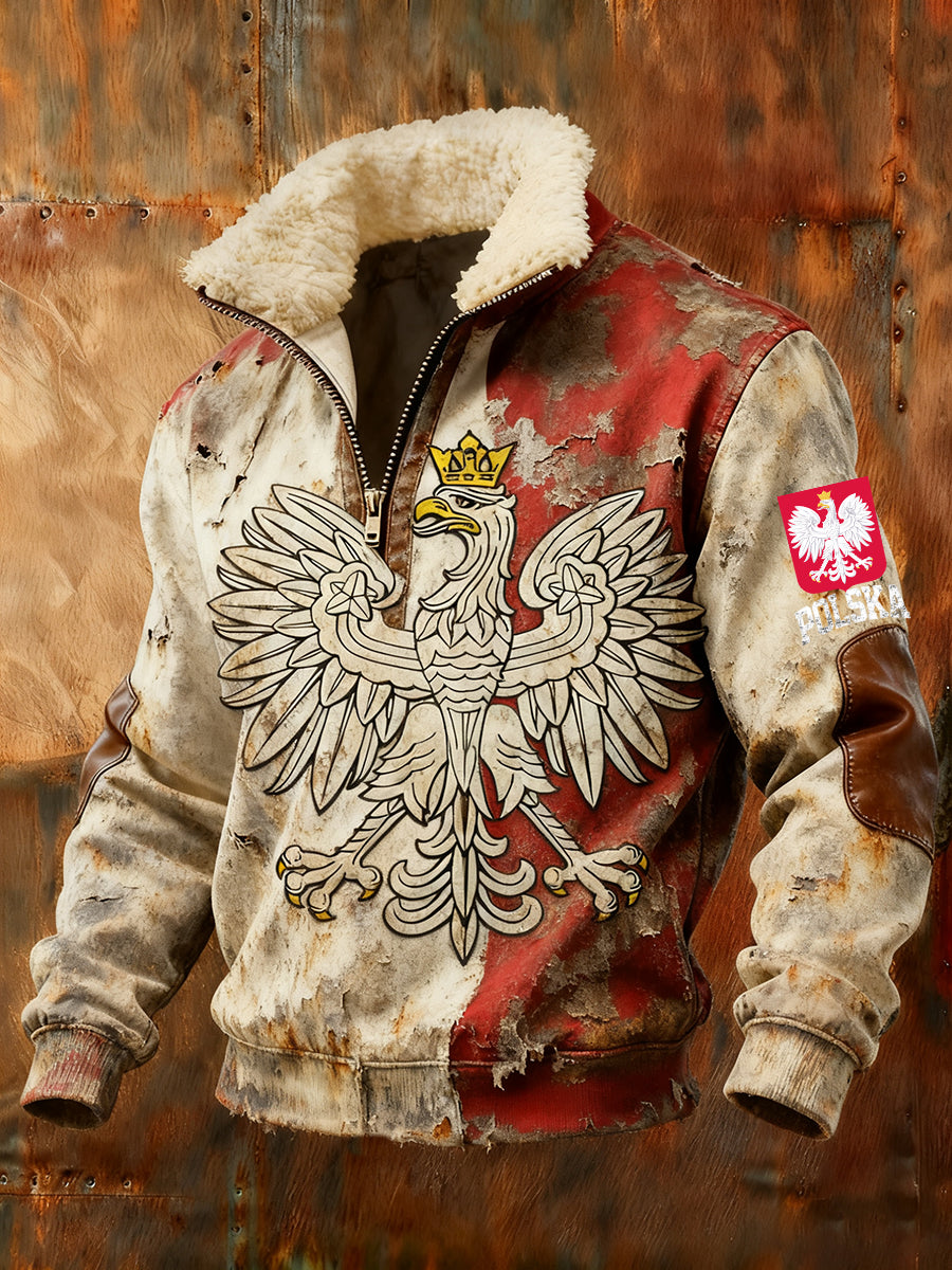 Męska bluza z polarowym kołnierzem z nadrukiem w stylu vintage