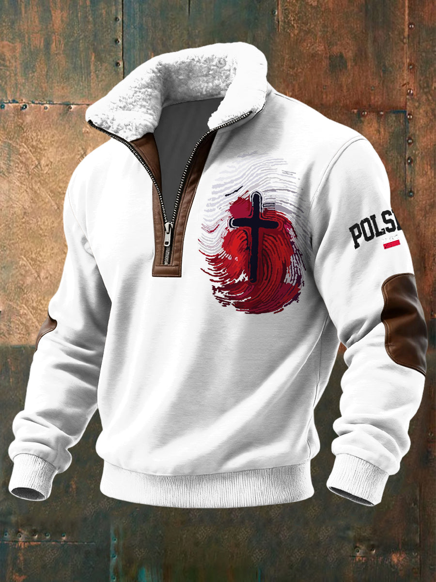 Lambswool Pullover Retro Krzyż z Polską Flagą