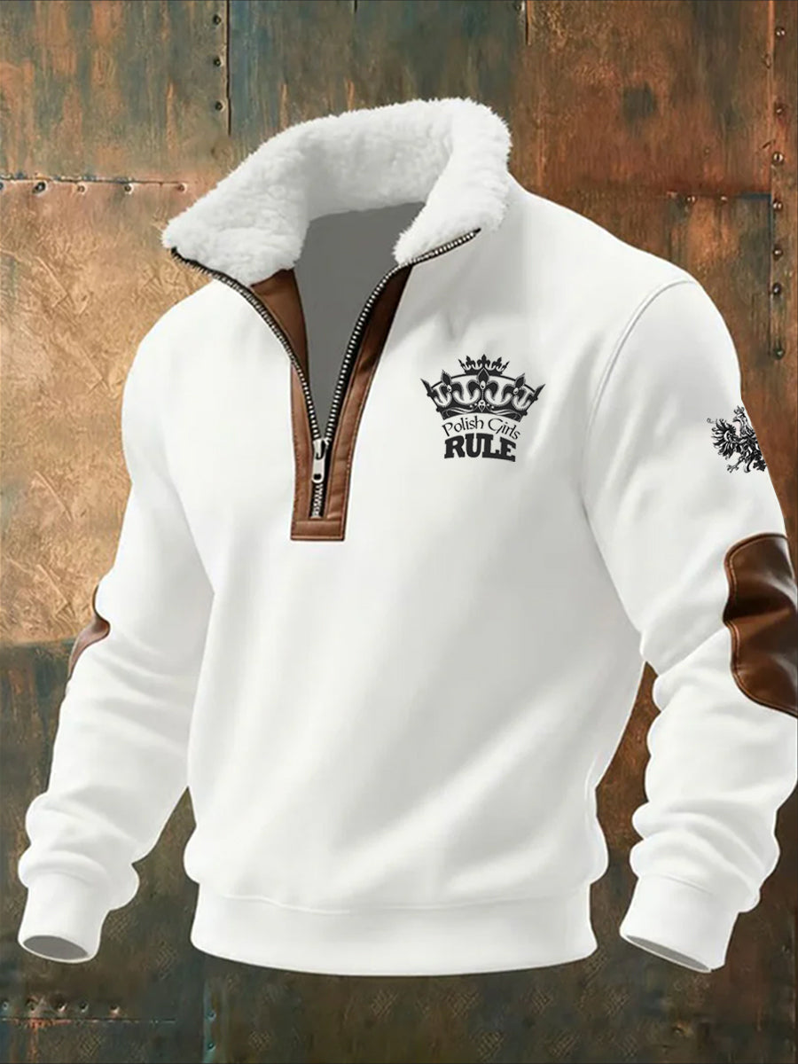 Męska bluza z polarowym kołnierzem z nadrukiem w stylu vintage