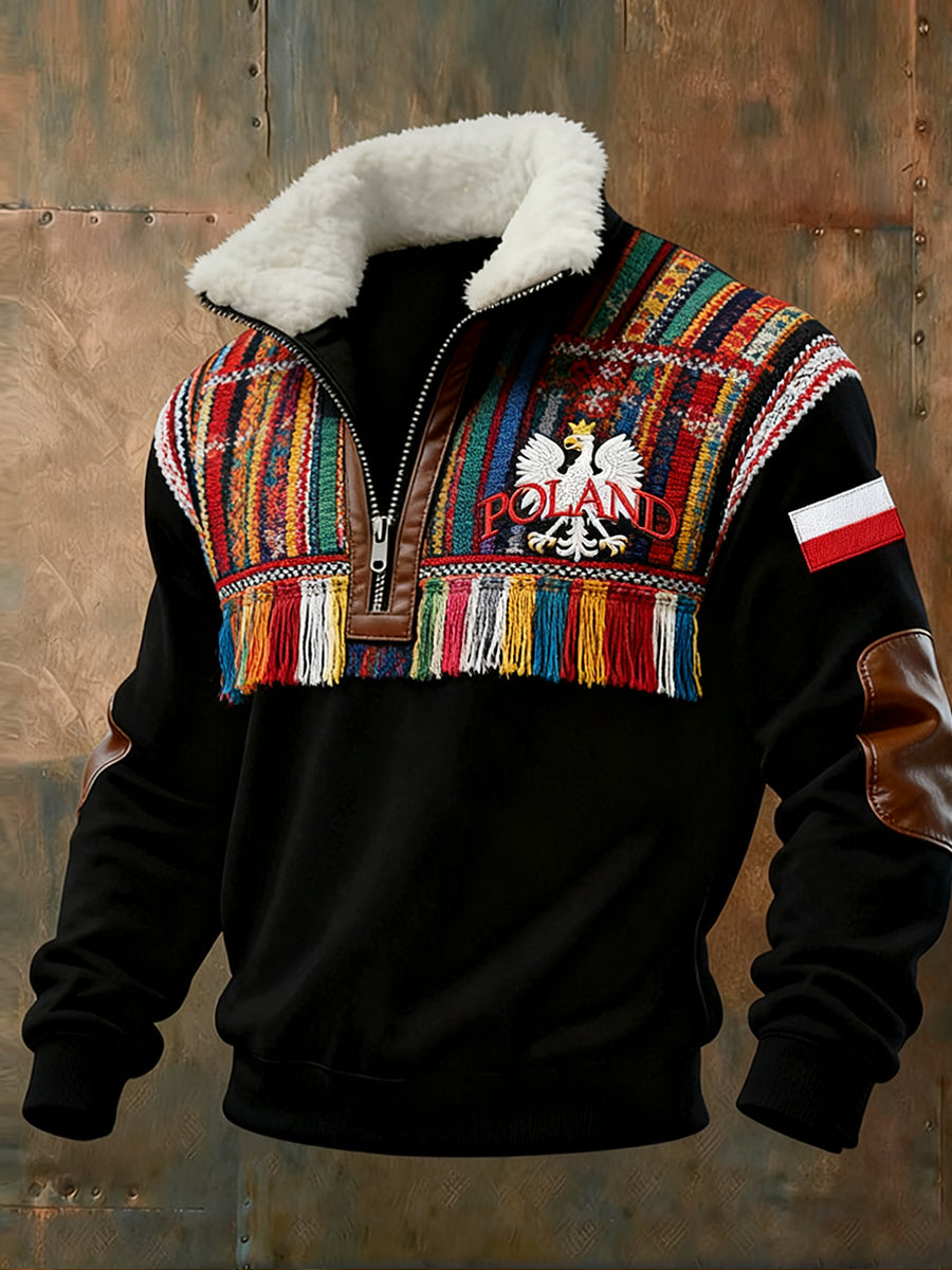 Męska polska bluza w stylu retro z nadrukiem artystycznym na co dzień z półzamkiem polarowym