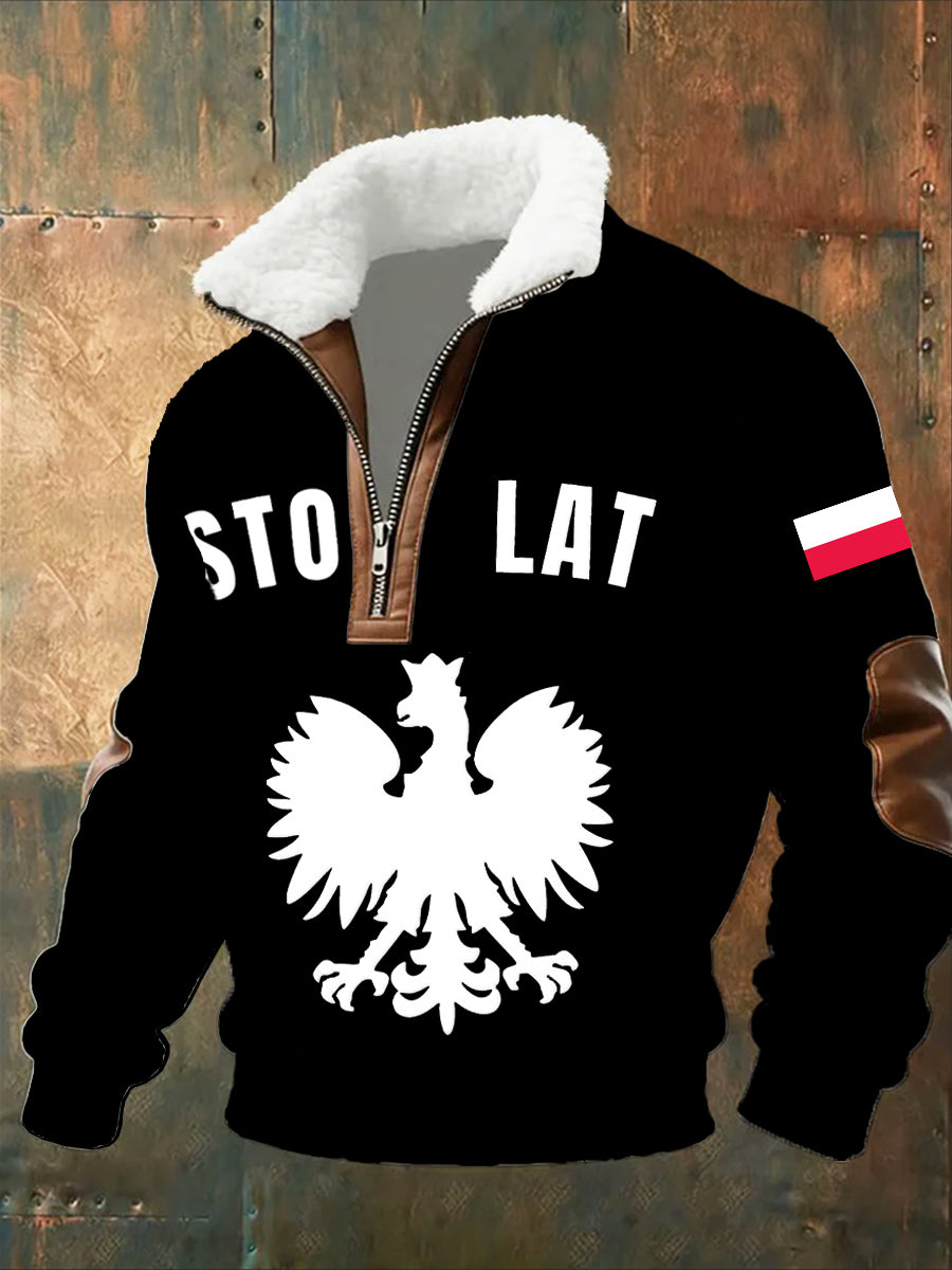 Męska moda retro na co dzień bluza z półzamkiem z futrzaną bluzą