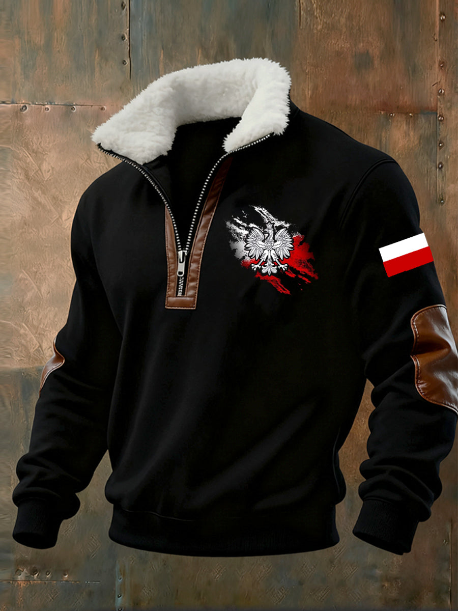 Męska moda retro na co dzień bluza z półzamkiem z futrzaną bluzą