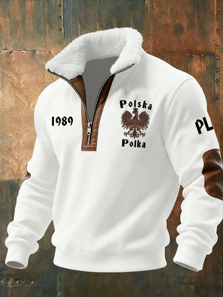 Męska moda retro na co dzień bluza z półzamkiem z futrzaną bluzą