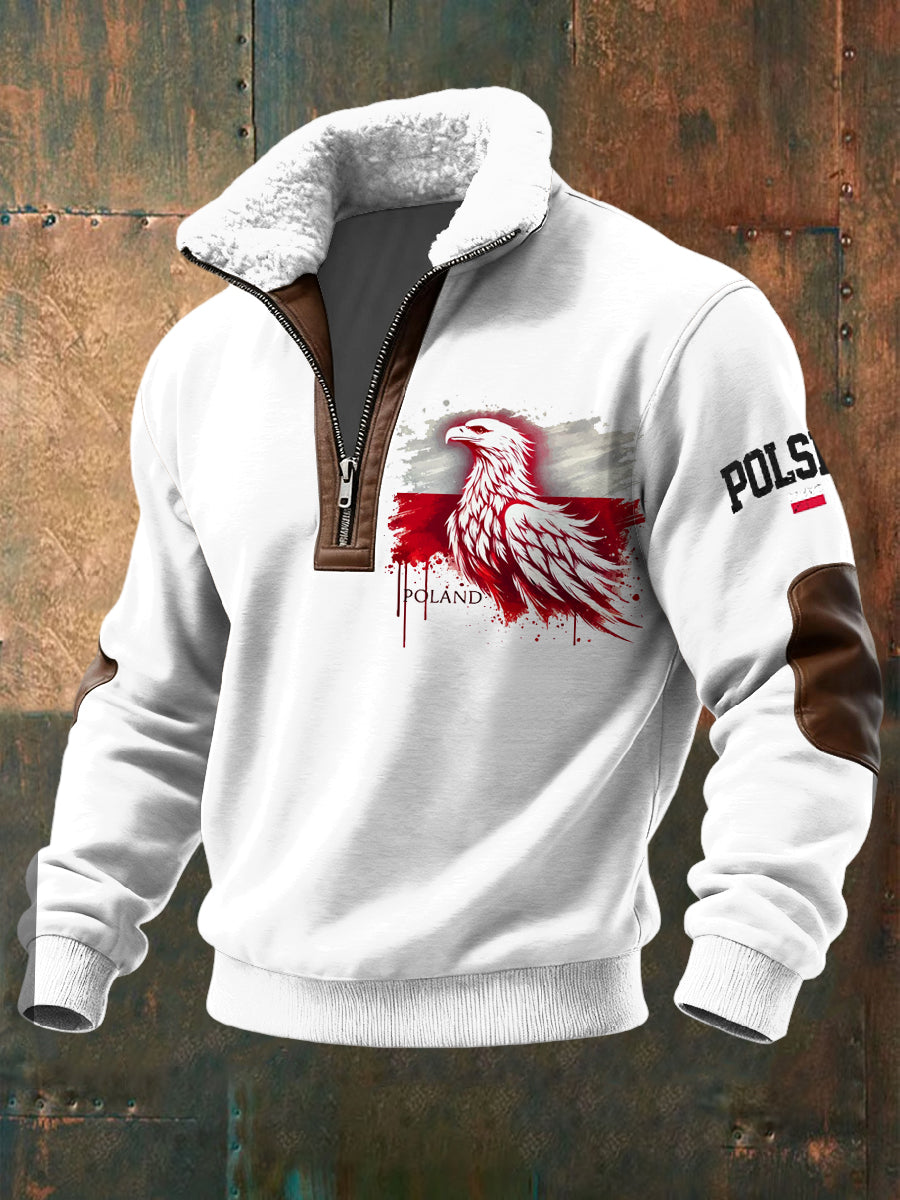 Retro polski abstrakcyjny flaga orzeł lambswool kołnierz zamek błyskawiczny pullover
