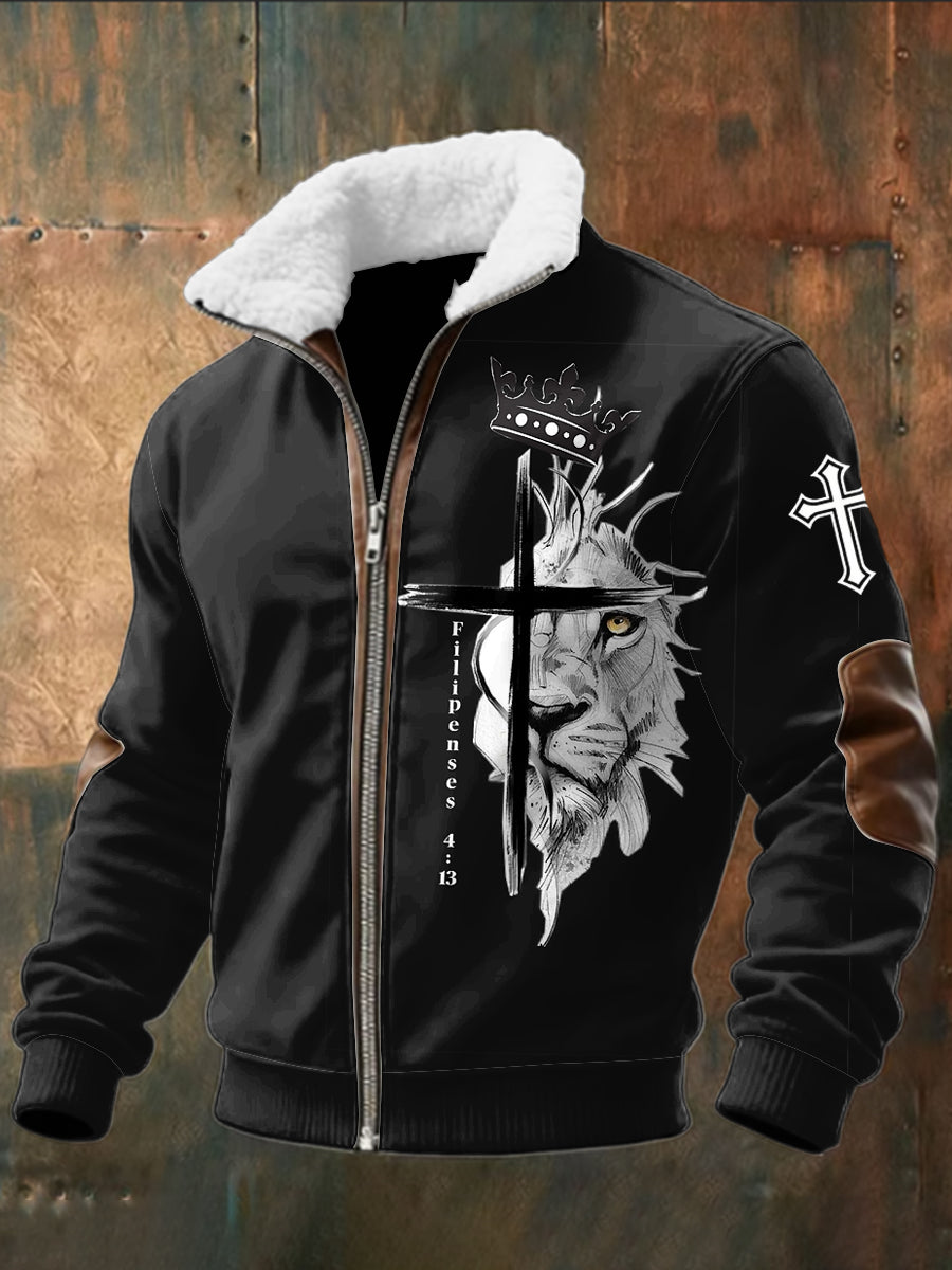 Retro Abstrakcyjna kurtka Jesus Lion Lamb Fur Zipper
