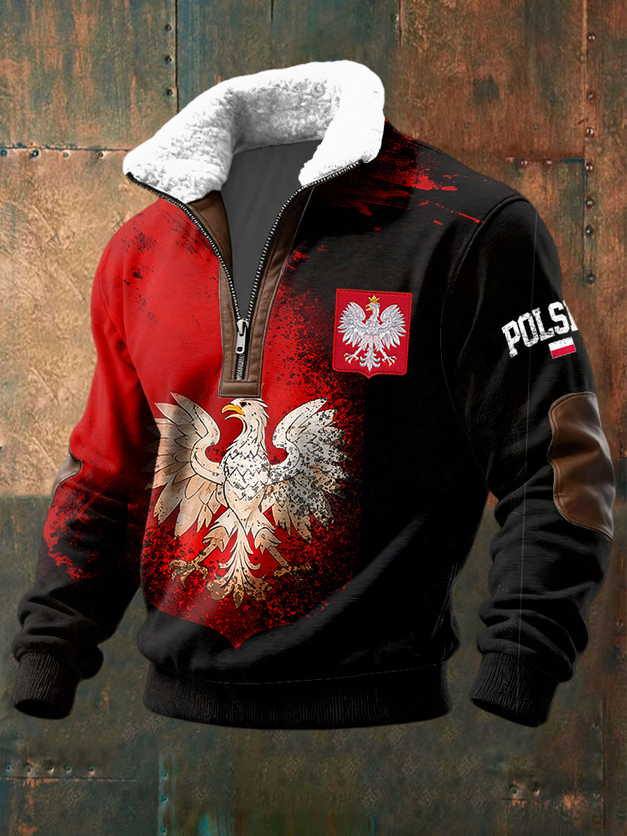 Retro Abstrakcyjny Polski Orzeł Lambskin Kołnierz Zipper Pullover