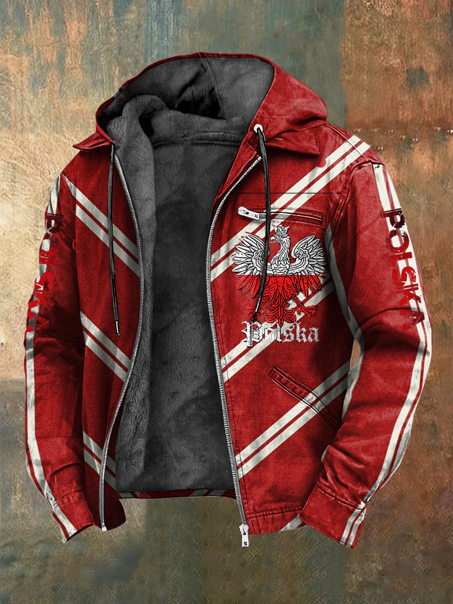 Patchwork polarowa kurtka z kapturem w paski polski orzeł retro