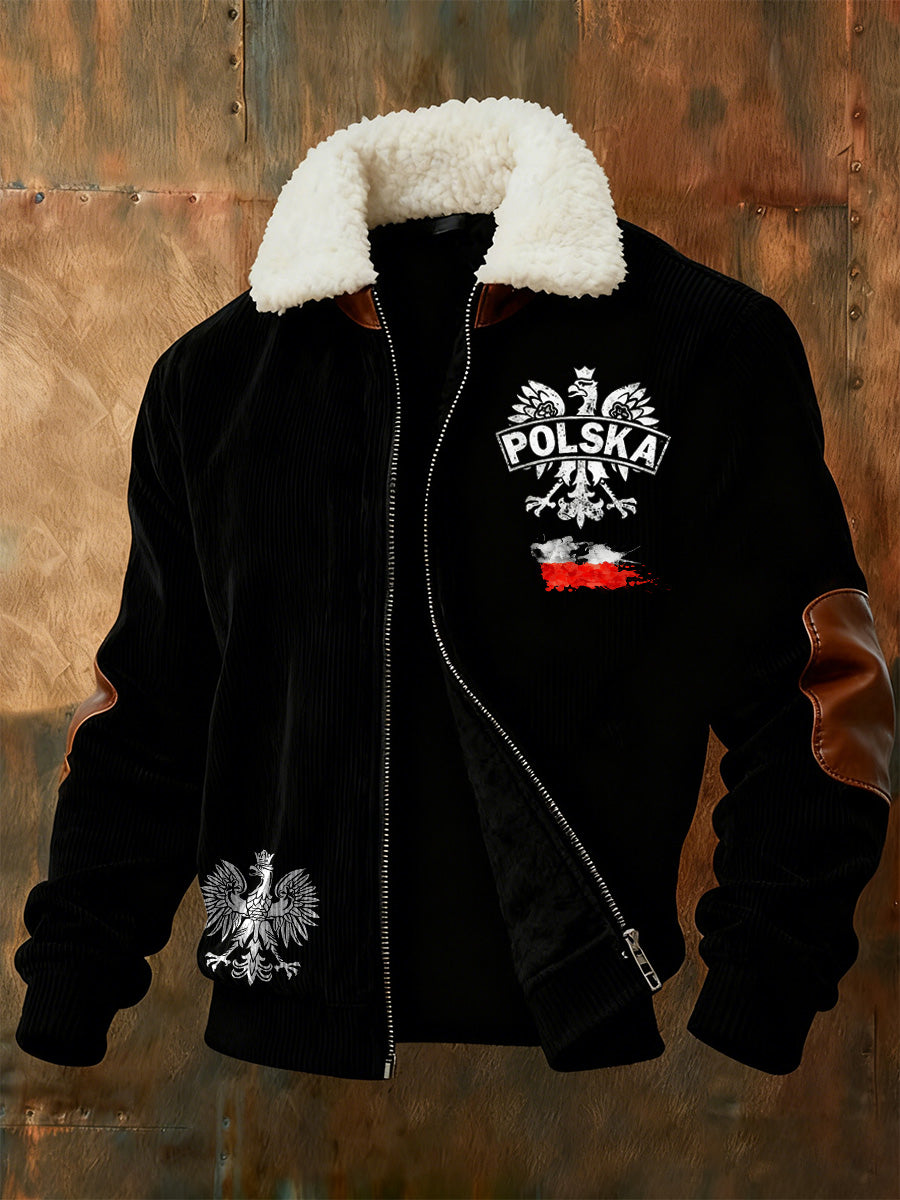 Kurtka męska z polskim nadrukiem na co dzień z futrzany kołnierzykiem