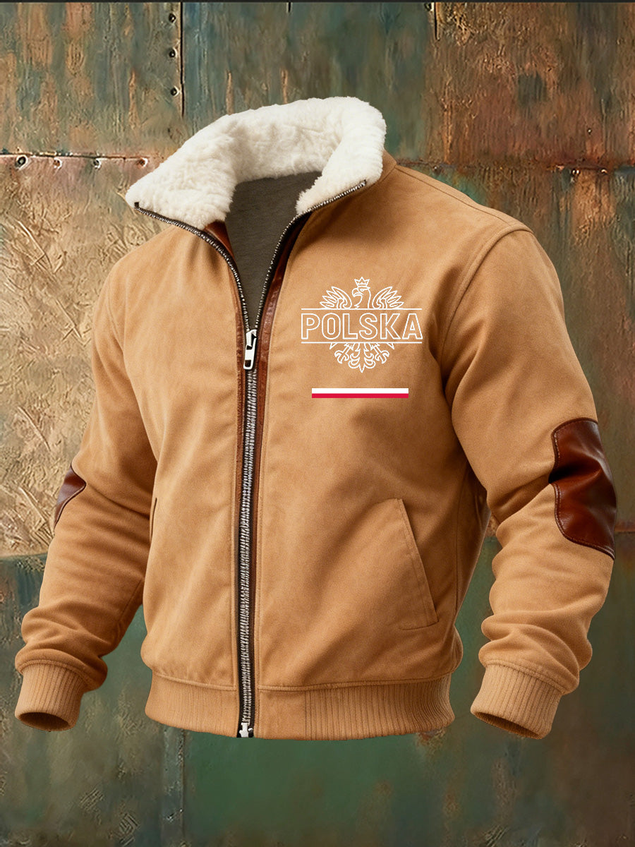 Kurtka męska z polskim nadrukiem na co dzień z futrzany kołnierzykiem