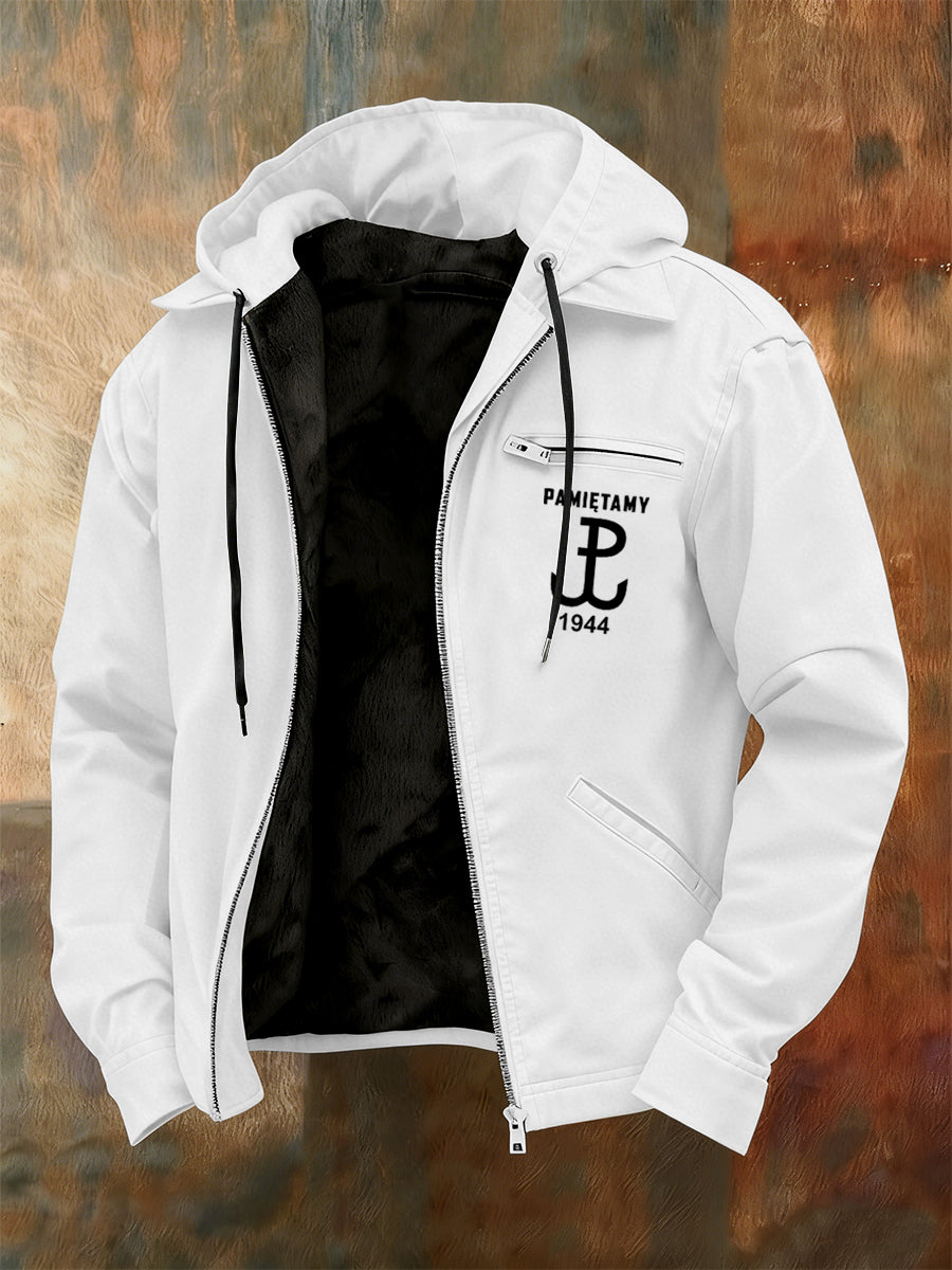 Męska kurtka z kapturem z nadrukiem w stylu vintage