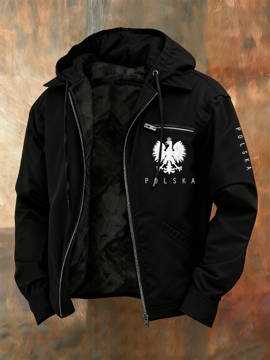 Męska kurtka z kapturem z nadrukiem w stylu vintage