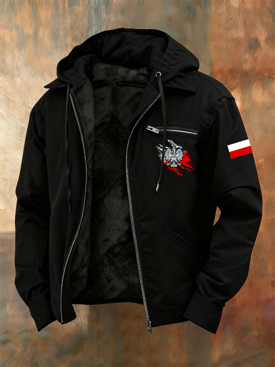 Męska kurtka z kapturem z nadrukiem w stylu vintage