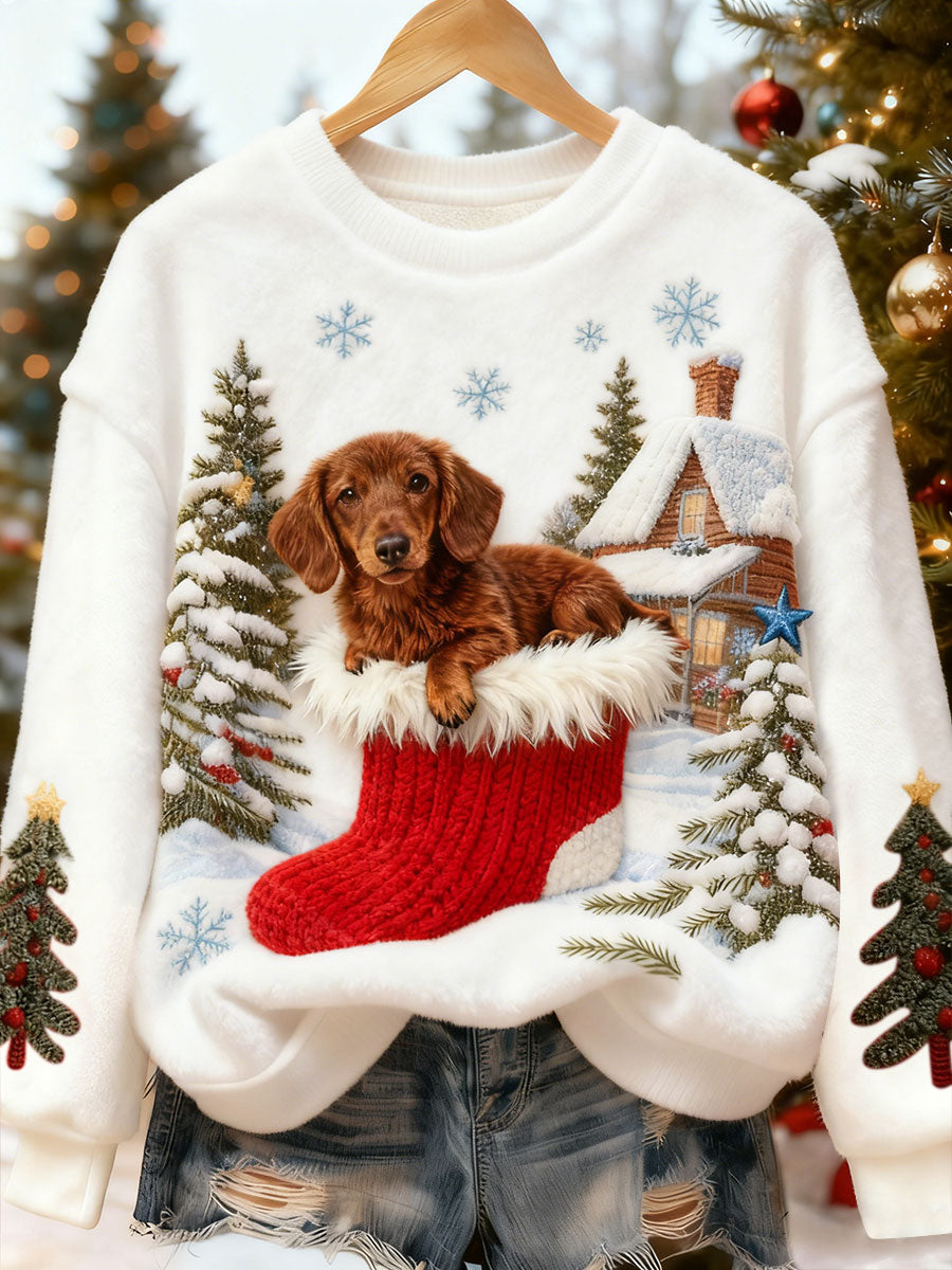 Damska świąteczna urocza i zabawna flanelowa bluza z kapturem ze wzorem psa