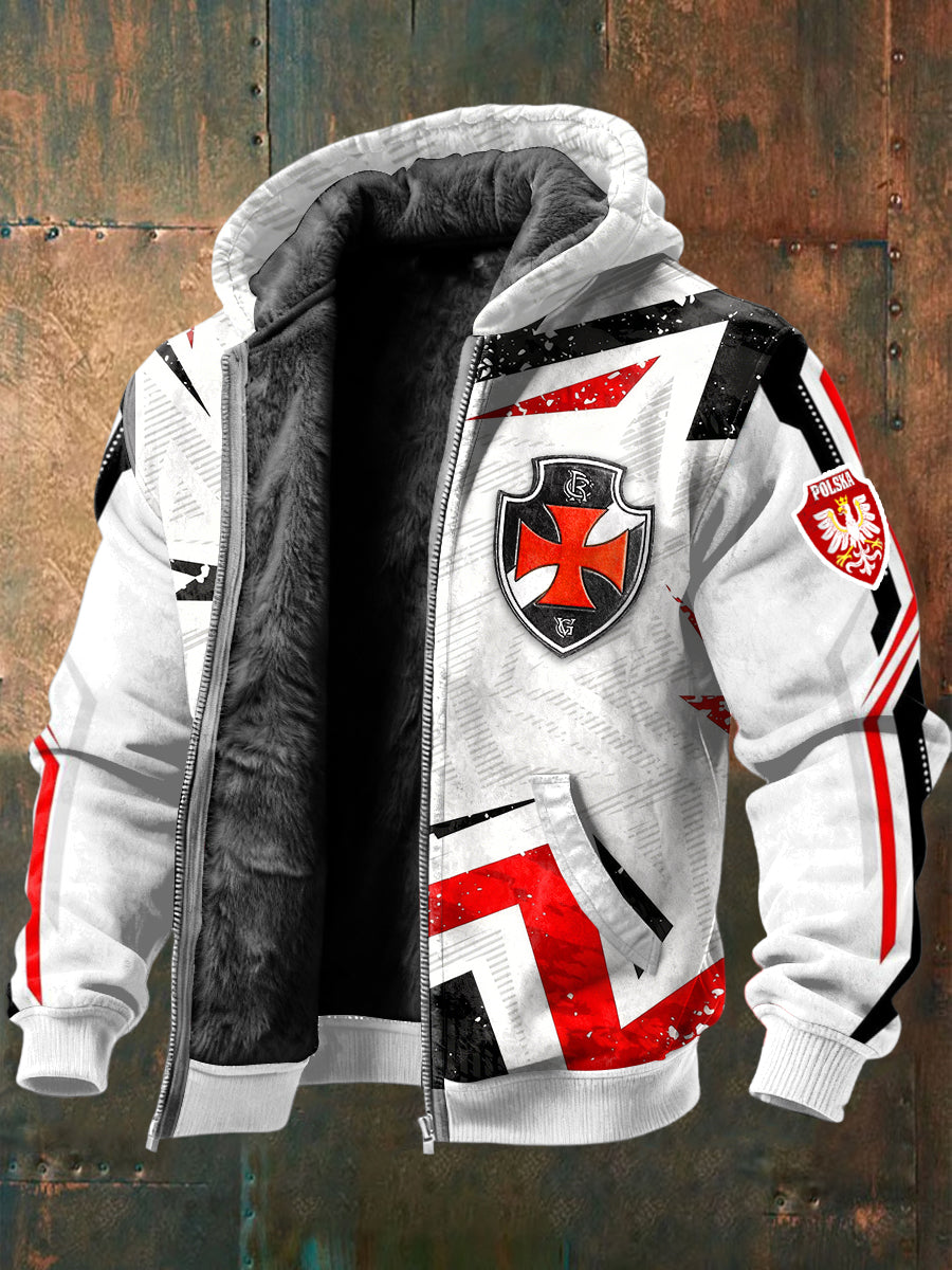 Męska kurtka z polarowym nadrukiem w stylu motocyklowym z polskim krzyżem