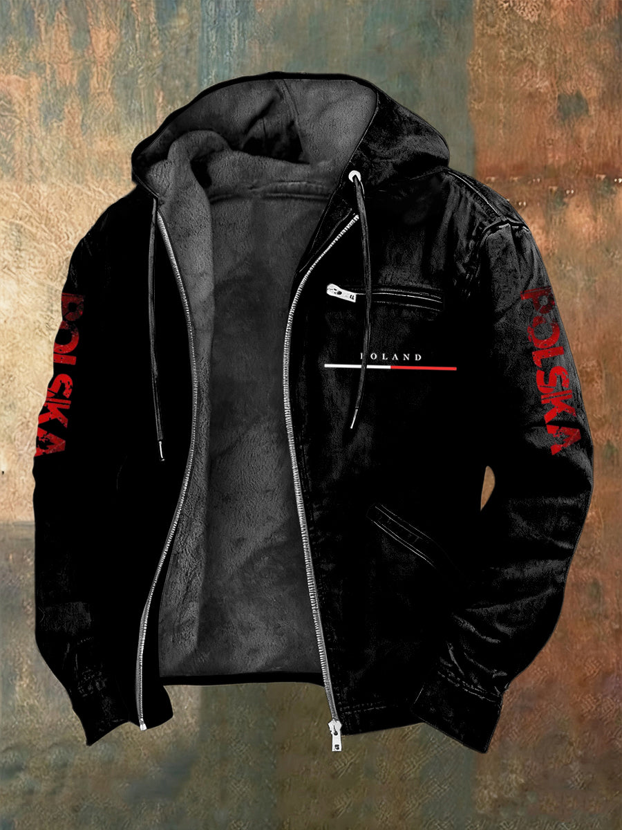 Retro abstrakcyjna polska flaga casualowa kurtka z kapturem z polarową podszewką