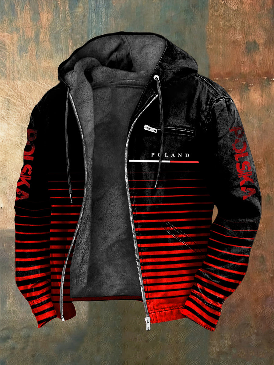 Retro polska flaga gradientowa kurtka z kapturem w paski z polarem