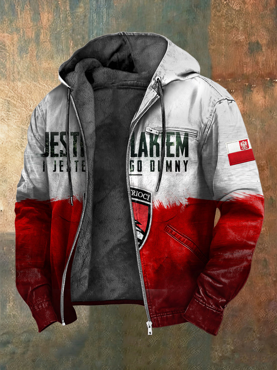 Retro Polski Orł Godło Abstrakcyjna kurtka z kapturem z polarem