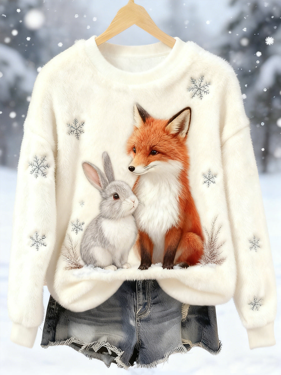 Najlepszy partner damski Fox i Bunny Print Casual Flanelowa bluza z kapturem