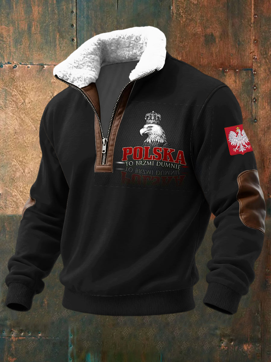 Pullover z zamkiem błyskawicznym retro polski emblemat orła z lambswool