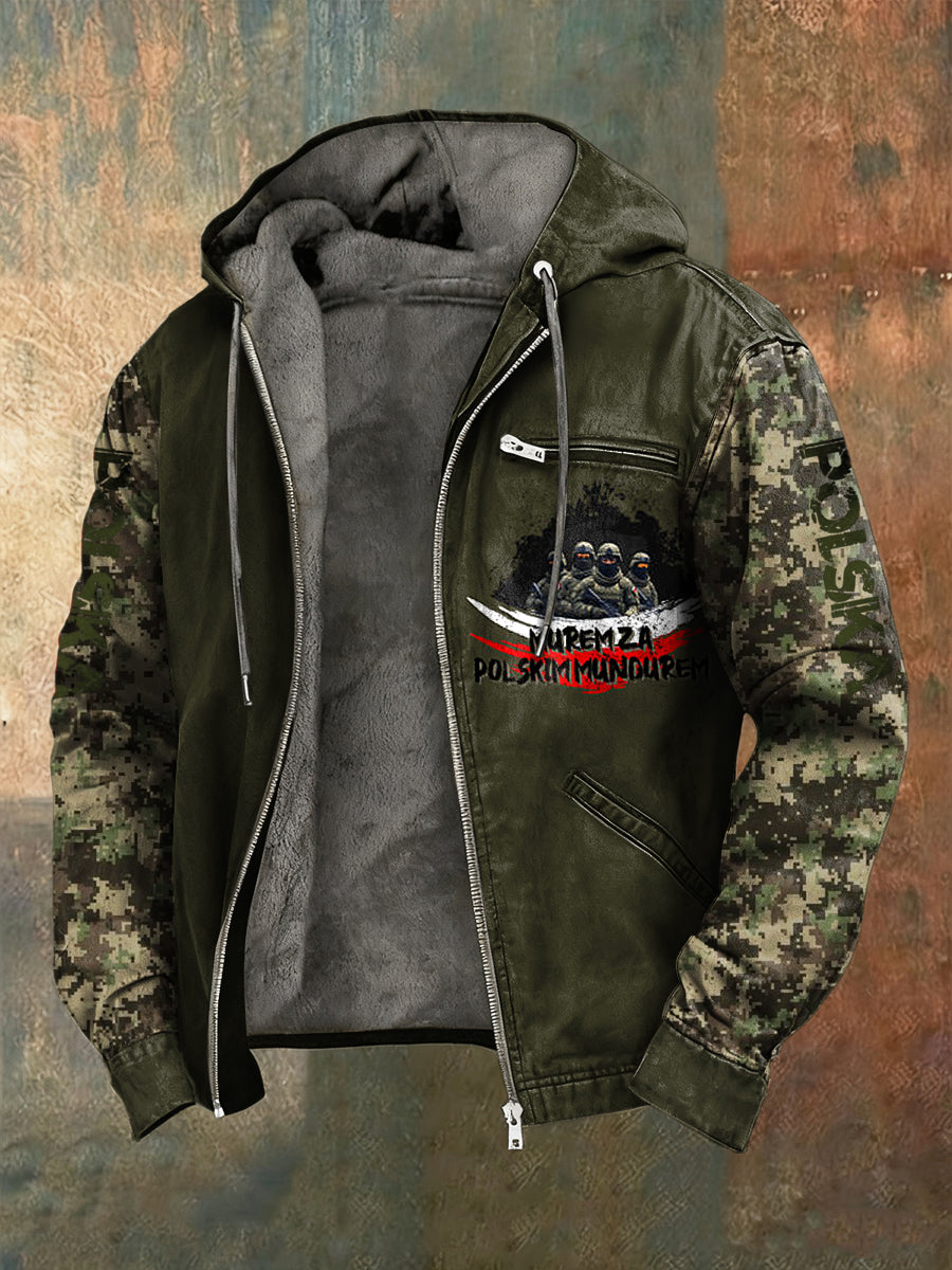 Kurtka z kapturem z polarem polska straż graniczna w stylu retro