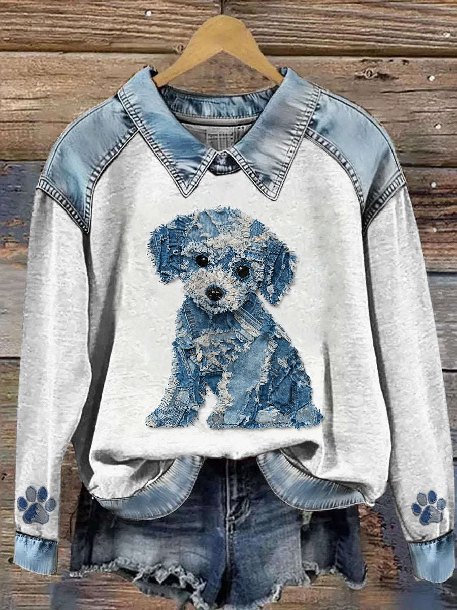 Damska bluza z długim rękawem Patchwork Lapel z nadrukiem zwierząt