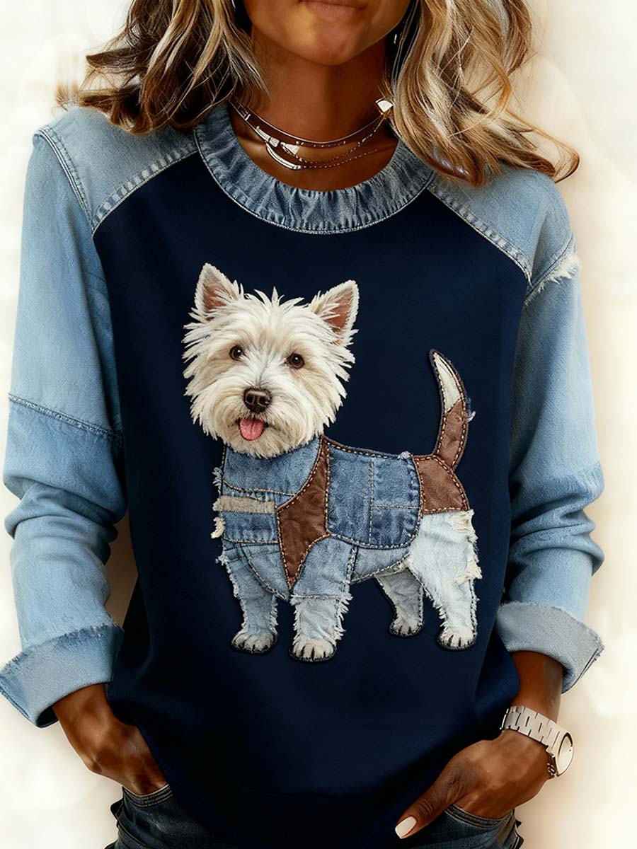 Damska wygodna bluza z patchworkiem w stylu retro z nadrukiem w stylu zwierzęcym