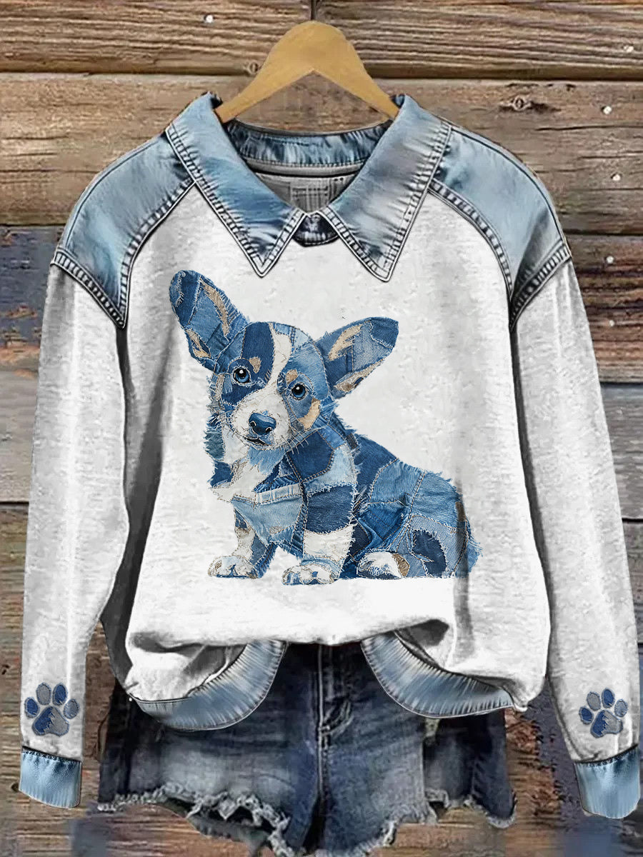 Damska bluza z długim rękawem Patchwork Lapel z nadrukiem zwierząt