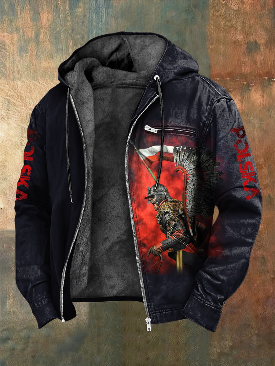 Retro polski płaszcz z kapturem z polarem husarskim