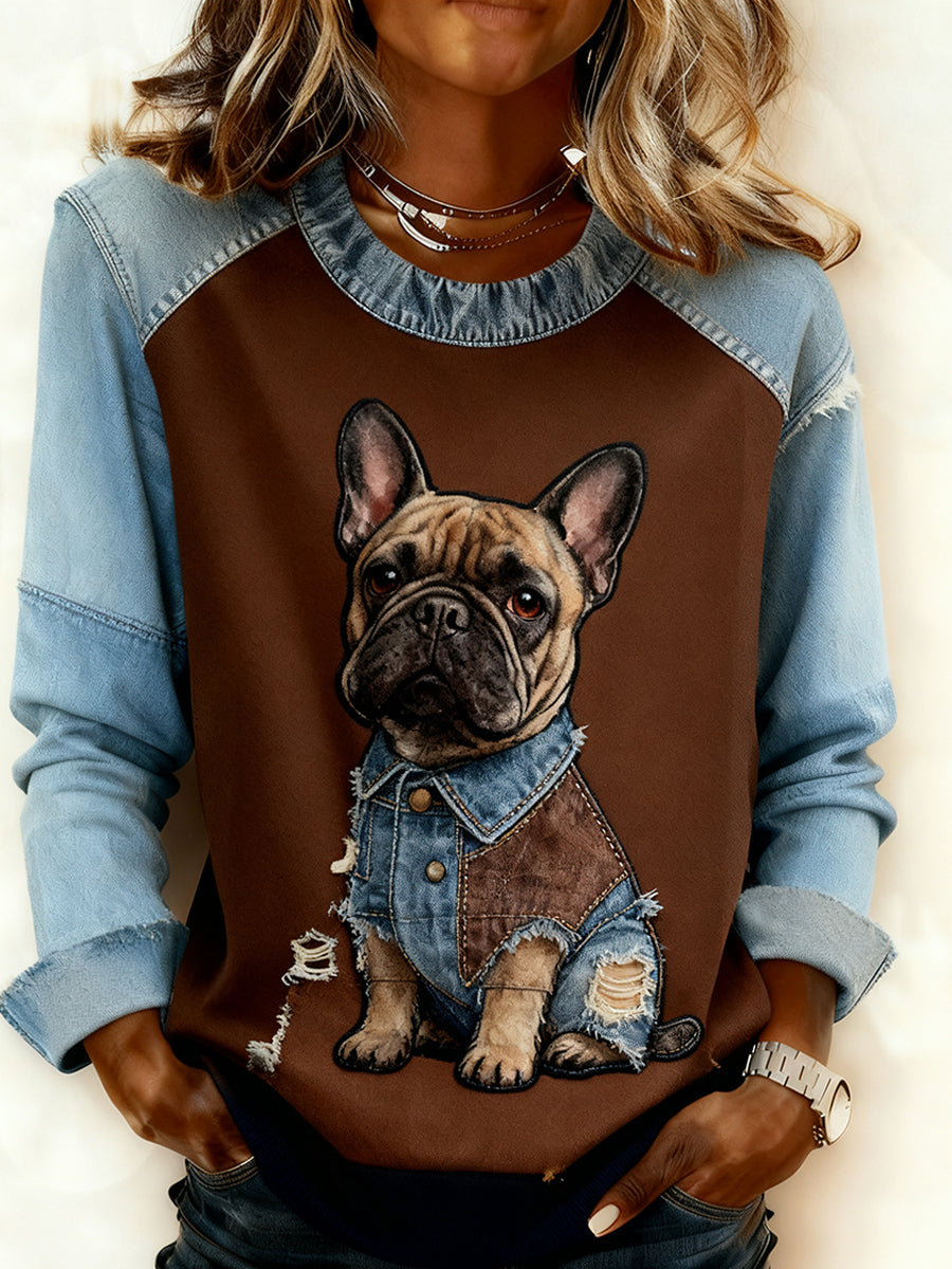 Damska wygodna bluza z patchworkiem w stylu retro z nadrukiem w stylu zwierzęcym